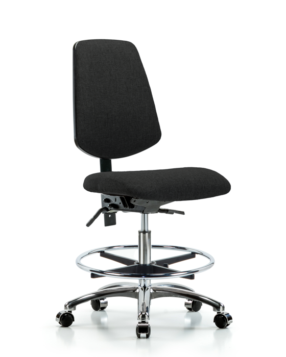 Blue Ridge Ergonomics FMBCH-MB-CR-T1-A0-CF-CC-F42 Rutledge Fabric Chair Chrome - Medium Bench Height with Medium Back, Seat Tilt, Chrome Foot Ring, & Casters in Black Fabric