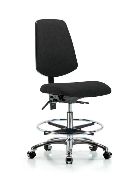Blue Ridge Ergonomics FMBCH-MB-CR-T1-A0-CF-CC-F42 Rutledge Fabric Chair Chrome - Medium Bench Height with Medium Back, Seat Tilt, Chrome Foot Ring, & Casters in Black Fabric