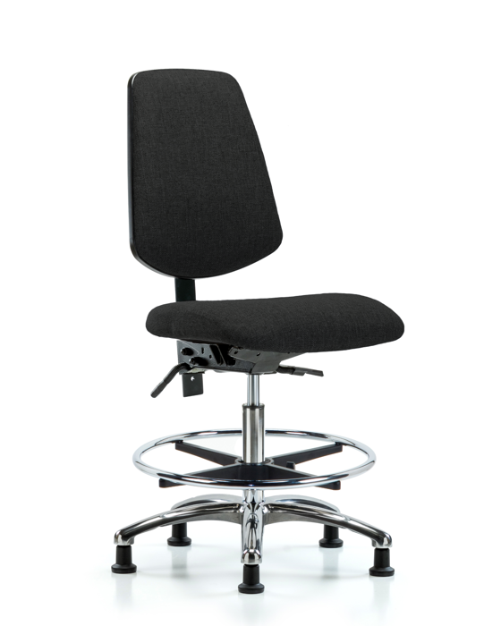 Blue Ridge Ergonomics FMBCH-MB-CR-T1-A0-CF-RG-F42 Rutledge Fabric Chair Chrome - Medium Bench Height with Medium Back, Seat Tilt, Chrome Foot Ring, & Stationary Glides in Black Fabric