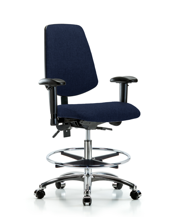 Blue Ridge Ergonomics FMBCH-MB-CR-T1-A1-CF-CC-F45 Rutledge Fabric Chair Chrome - Medium Bench Height with Medium Back, Seat Tilt, Adjustable Arms, Chrome Foot Ring, & Casters in Navy Fabric