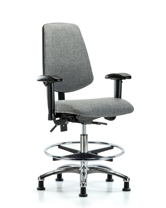 Blue Ridge Ergonomics FMBCH-MB-CR-T1-A1-CF-RG-F44 Rutledge Fabric Chair Chrome - Medium Bench Height with Medium Back, Seat Tilt, Adjustable Arms, Chrome Foot Ring, & Stationary Glides in Gray Fabric