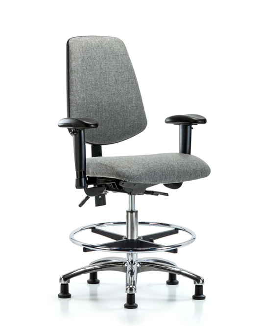 Blue Ridge Ergonomics FMBCH-MB-CR-T1-A1-CF-RG-F44 Rutledge Fabric Chair Chrome - Medium Bench Height with Medium Back, Seat Tilt, Adjustable Arms, Chrome Foot Ring, & Stationary Glides in Gray Fabric