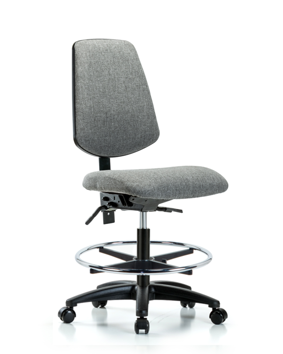 Blue Ridge Ergonomics FMBCH-MB-RG-T0-A0-CF-RC-F44 Rutledge Fabric Chair - Medium Bench Height with Medium Back, Chrome Foot Ring, & Casters in Gray Fabric