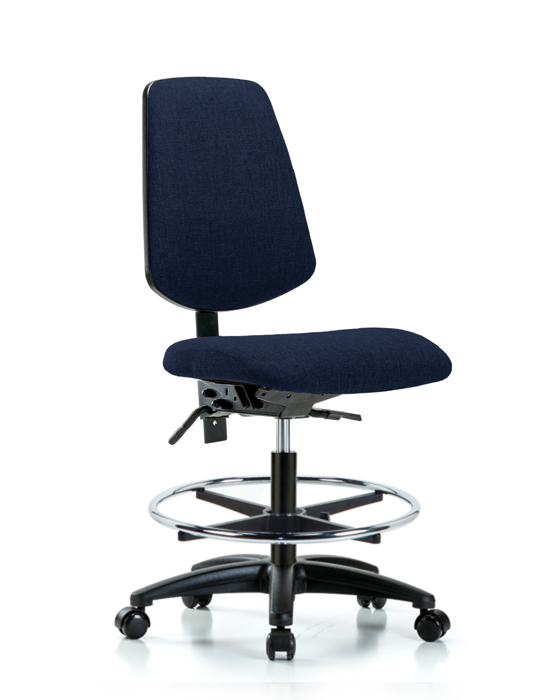 Blue Ridge Ergonomics FMBCH-MB-RG-T0-A0-CF-RC-F45 Rutledge Fabric Chair - Medium Bench Height with Medium Back, Chrome Foot Ring, & Casters in Navy Fabric