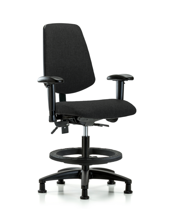Blue Ridge Ergonomics FMBCH-MB-RG-T0-A1-BF-RG-F42 Rutledge Fabric Chair - Medium Bench Height with Medium Back, Adjustable Arms, Black Foot Ring, & Stationary Glides in Black Fabric