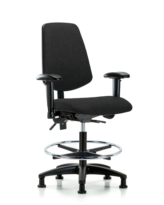 Blue Ridge Ergonomics FMBCH-MB-RG-T0-A1-CF-RG-F42 Rutledge Fabric Chair - Medium Bench Height with Medium Back, Adjustable Arms, Chrome Foot Ring, & Stationary Glides in Black Fabric