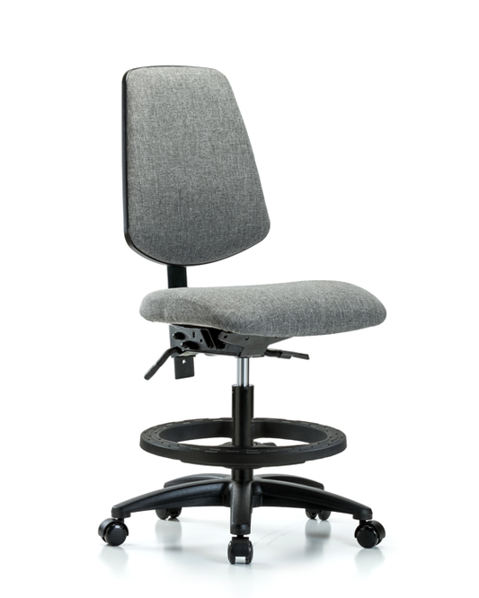 Blue Ridge Ergonomics FMBCH-MB-RG-T1-A0-BF-RC-F44 Rutledge Fabric Chair - Medium Bench Height with Medium Back, Seat Tilt, Black Foot Ring, & Casters in Gray Fabric
