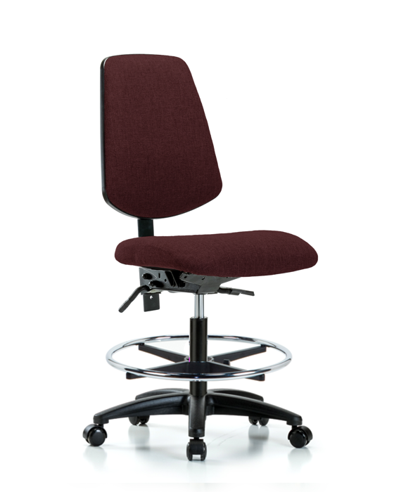 Blue Ridge Ergonomics FMBCH-MB-RG-T1-A0-CF-RC-F41 Rutledge Fabric Chair - Medium Bench Height with Medium Back, Seat Tilt, Chrome Foot Ring, & Casters in Burgundy Fabric