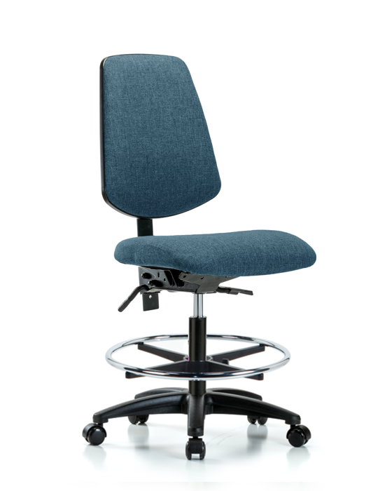 Blue Ridge Ergonomics FMBCH-MB-RG-T1-A0-CF-RC-F43 Rutledge Fabric Chair - Medium Bench Height with Medium Back, Seat Tilt, Chrome Foot Ring, & Casters in Blue Fabric