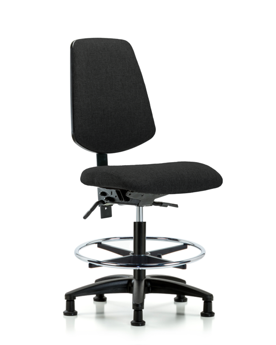 Blue Ridge Ergonomics FMBCH-MB-RG-T1-A0-CF-RG-F42 Rutledge Fabric Chair - Medium Bench Height with Medium Back, Seat Tilt, Chrome Foot Ring, & Stationary Glides in Black Fabric