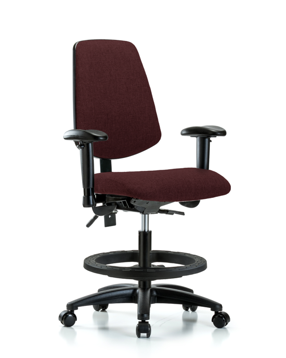Blue Ridge Ergonomics FMBCH-MB-RG-T1-A1-BF-RC-F41 Rutledge Fabric Chair - Medium Bench Height with Medium Back, Seat Tilt, Adjustable Arms, Black Foot Ring, & Casters in Burgundy Fabric