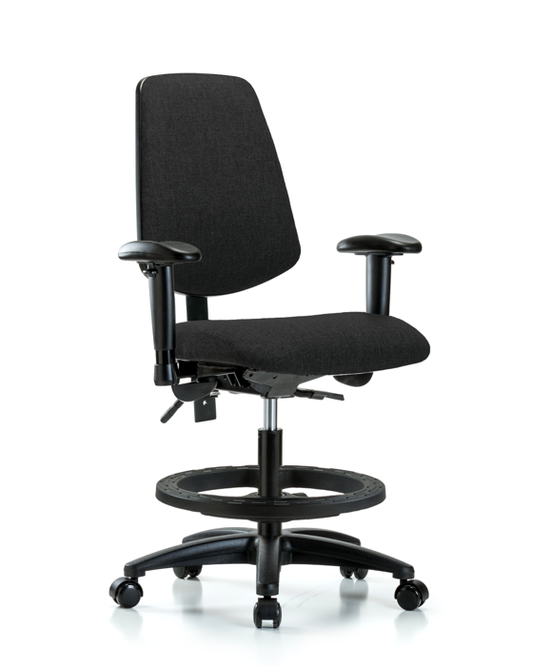 Blue Ridge Ergonomics FMBCH-MB-RG-T1-A1-BF-RC-F42 Rutledge Fabric Chair - Medium Bench Height with Medium Back, Seat Tilt, Adjustable Arms, Black Foot Ring, & Casters in Black Fabric