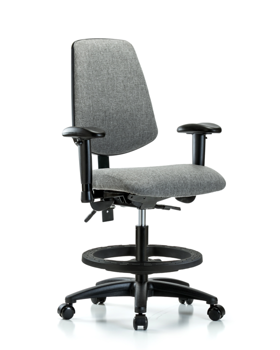 Blue Ridge Ergonomics FMBCH-MB-RG-T1-A1-BF-RC-F44 Rutledge Fabric Chair - Medium Bench Height with Medium Back, Seat Tilt, Adjustable Arms, Black Foot Ring, & Casters in Gray Fabric
