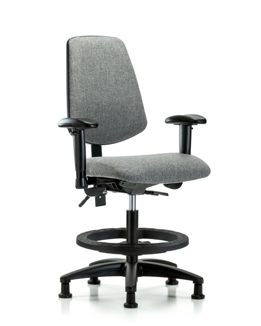 Blue Ridge Ergonomics FMBCH-MB-RG-T1-A1-BF-RG-F44 Rutledge Fabric Chair - Medium Bench Height with Medium Back, Seat Tilt, Adjustable Arms, Black Foot Ring, & Stationary Glides in Gray Fabric