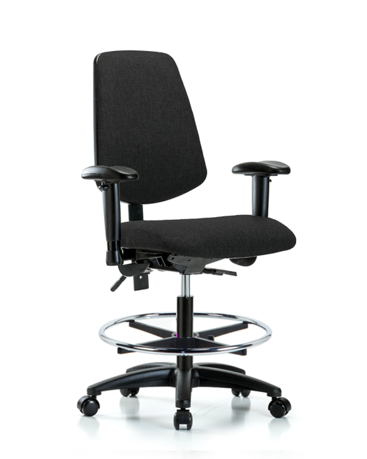 Blue Ridge Ergonomics FMBCH-MB-RG-T1-A1-CF-RC-F42 Rutledge Fabric Chair - Medium Bench Height with Medium Back, Seat Tilt, Adjustable Arms, Chrome Foot Ring, & Casters in Black Fabric