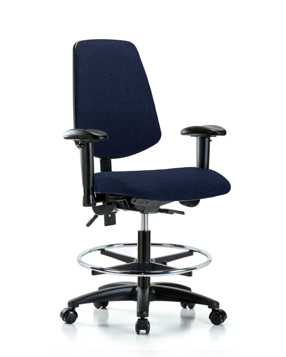 Blue Ridge Ergonomics FMBCH-MB-RG-T1-A1-CF-RC-F45 Rutledge Fabric Chair - Medium Bench Height with Medium Back, Seat Tilt, Adjustable Arms, Chrome Foot Ring, & Casters in Navy Fabric