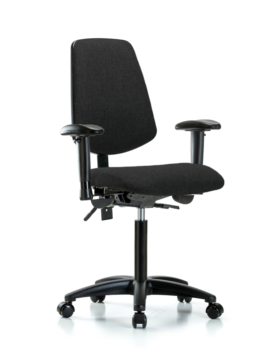 Blue Ridge Ergonomics FMBCH-MB-RG-T1-A1-NF-RC-F42 Rutledge Fabric Chair - Medium Bench Height with Medium Back, Seat Tilt, Adjustable Arms, & Casters in Black Fabric