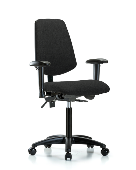 Blue Ridge Ergonomics FMBCH-MB-RG-T1-A1-NF-RC-F42 Rutledge Fabric Chair - Medium Bench Height with Medium Back, Seat Tilt, Adjustable Arms, & Casters in Black Fabric