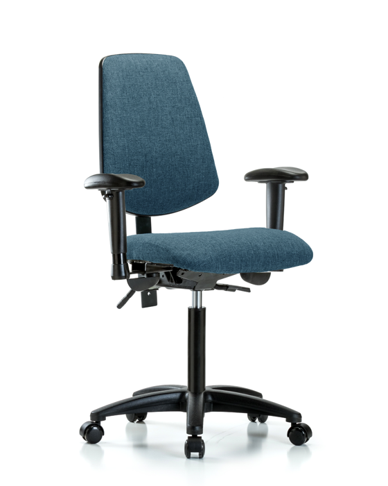 Blue Ridge Ergonomics FMBCH-MB-RG-T1-A1-NF-RC-F43 Rutledge Fabric Chair - Medium Bench Height with Medium Back, Seat Tilt, Adjustable Arms, & Casters in Blue Fabric