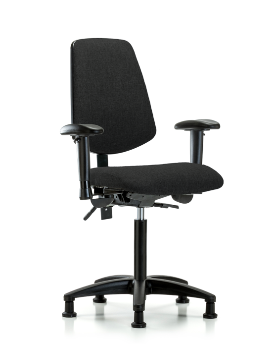 Blue Ridge Ergonomics FMBCH-MB-RG-T1-A1-NF-RG-F42 Rutledge Fabric Chair - Medium Bench Height with Medium Back, Seat Tilt, Adjustable Arms, & Stationary Glides in Black Fabric