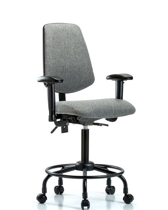 Blue Ridge Ergonomics FMBCH-MB-RT-T0-A1-RC-F44 Rutledge Fabric Chair - Medium Bench Height with Round Tube Base, Medium Back, Adjustable Arms, & Casters in Gray Fabric