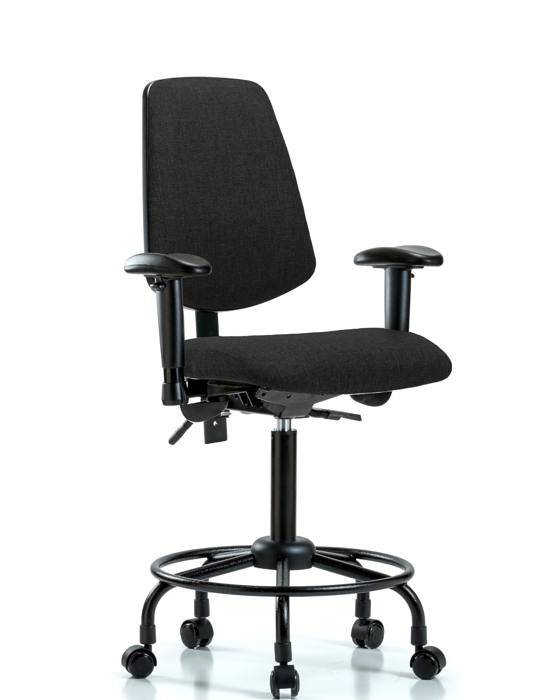 Blue Ridge Ergonomics FMBCH-MB-RT-T1-A1-RC-F42 Rutledge Fabric Chair - Medium Bench Height with Round Tube Base, Medium Back, Seat Tilt, Adjustable Arms, & Casters in Black Fabric