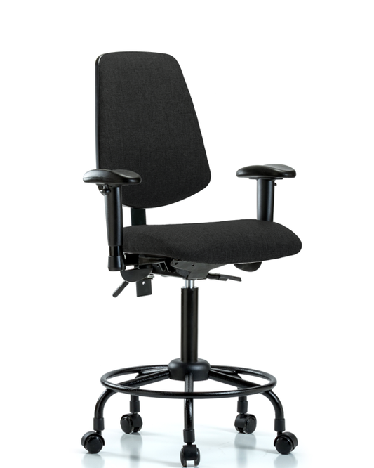 Blue Ridge Ergonomics FMBCH-MB-RT-T1-A1-RC-F42 Rutledge Fabric Chair - Medium Bench Height with Round Tube Base, Medium Back, Seat Tilt, Adjustable Arms, & Casters in Black Fabric
