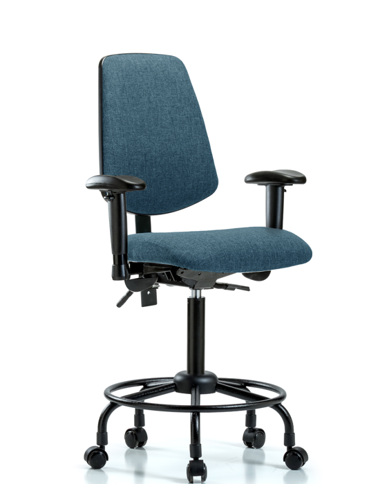 Blue Ridge Ergonomics FMBCH-MB-RT-T1-A1-RC-F43 Rutledge Fabric Chair - Medium Bench Height with Round Tube Base, Medium Back, Seat Tilt, Adjustable Arms, & Casters in Blue Fabric