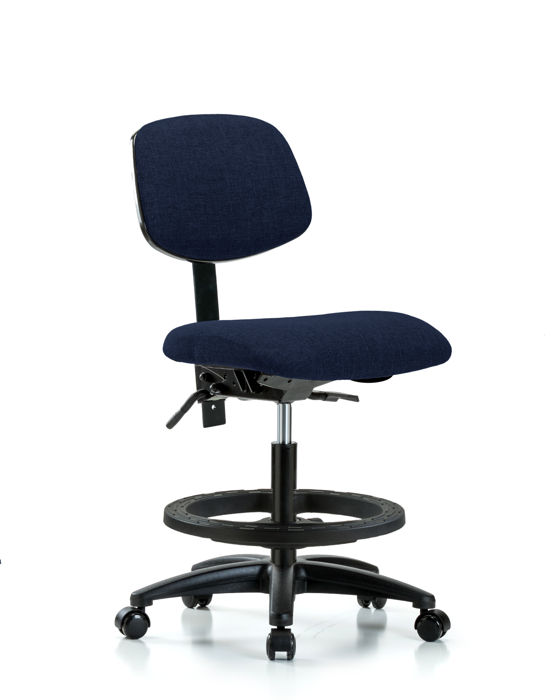 Blue Ridge Ergonomics FMBCH-RG-T0-A0-BF-RC-F45 Rutledge Fabric Chair - Medium Bench Height with Black Foot Ring & Casters in Navy Fabric