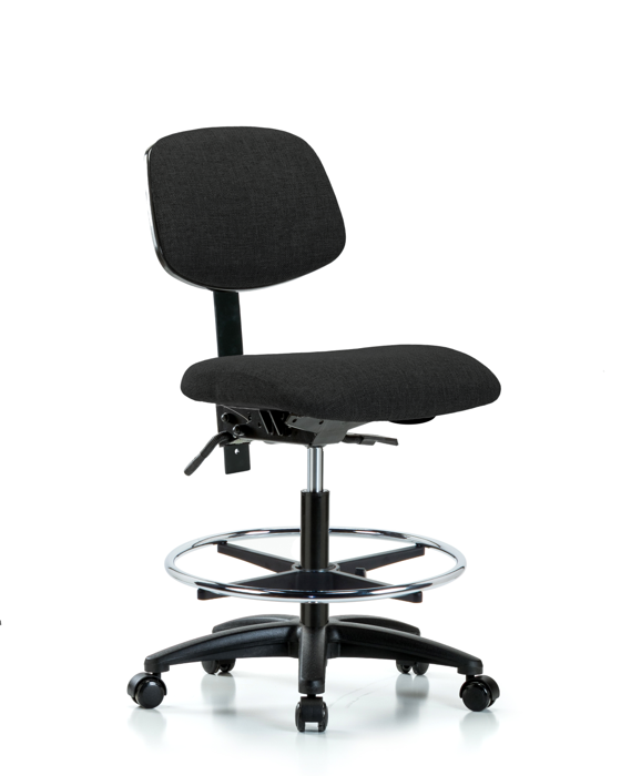 Blue Ridge Ergonomics FMBCH-RG-T0-A0-CF-RC-F42 Rutledge Fabric Chair - Medium Bench Height with Chrome Foot Ring & Casters in Black Fabric