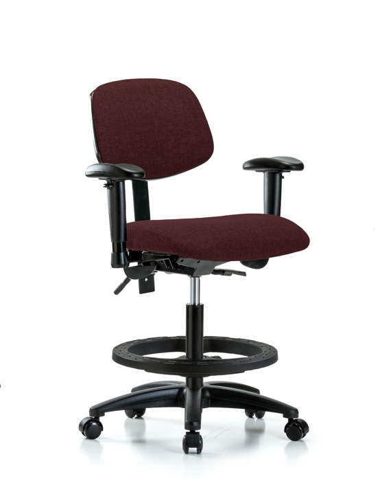 Blue Ridge Ergonomics FMBCH-RG-T0-A1-BF-RC-F41 Rutledge Fabric Chair - Medium Bench Height with Adjustable Arms, Black Foot Ring, & Casters in Burgundy Fabric