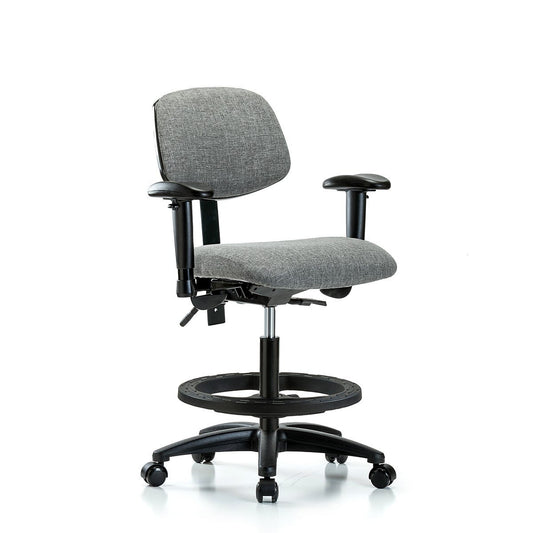 Blue Ridge Ergonomics FMBCH-RG-T0-A1-BF-RC-F44 Rutledge Fabric Chair - Medium Bench Height with Adjustable Arms, Black Foot Ring, & Casters in Gray Fabric