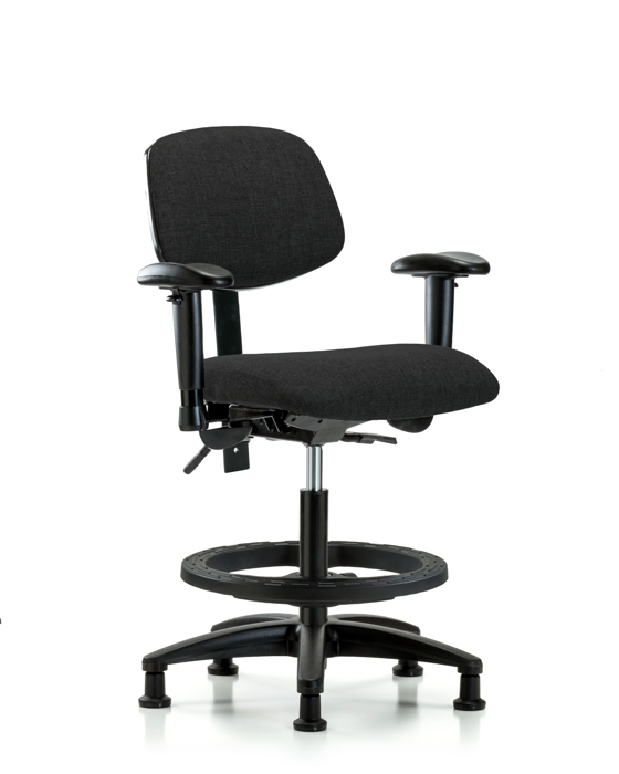Blue Ridge Ergonomics FMBCH-RG-T0-A1-BF-RG-F42 Rutledge Fabric Chair - Medium Bench Height with Adjustable Arms, Black Foot Ring, & Stationary Glides in Black Fabric