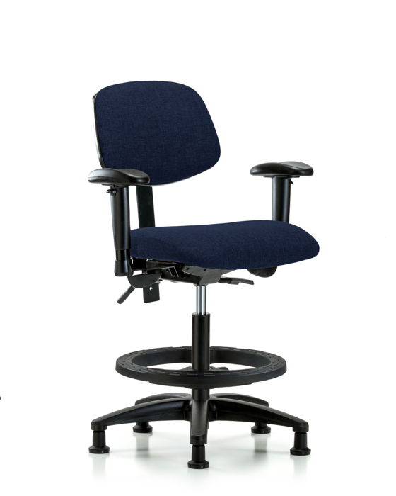 Blue Ridge Ergonomics FMBCH-RG-T0-A1-BF-RG-F45 Rutledge Fabric Chair - Medium Bench Height with Adjustable Arms, Black Foot Ring, & Stationary Glides in Navy Fabric