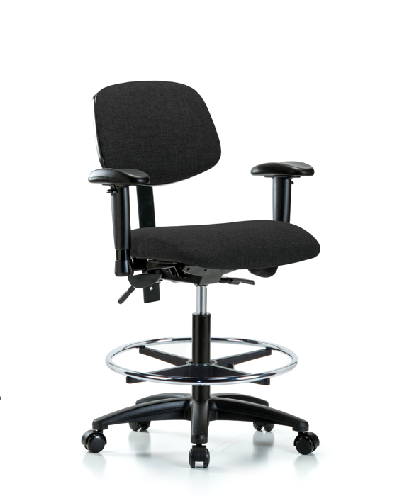 Blue Ridge Ergonomics FMBCH-RG-T0-A1-CF-RC-F42 Rutledge Fabric Chair - Medium Bench Height with Adjustable Arms, Chrome Foot Ring, & Casters in Black Fabric