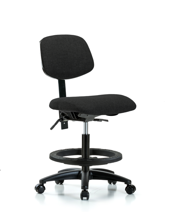 Blue Ridge Ergonomics FMBCH-RG-T1-A0-BF-RC-F42 Rutledge Fabric Chair - Medium Bench Height with Seat Tilt, Black Foot Ring, & Casters in Black Fabric
