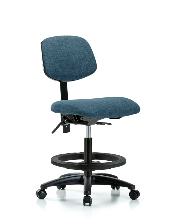 Blue Ridge Ergonomics FMBCH-RG-T1-A0-BF-RC-F43 Rutledge Fabric Chair - Medium Bench Height with Seat Tilt, Black Foot Ring, & Casters in Blue Fabric