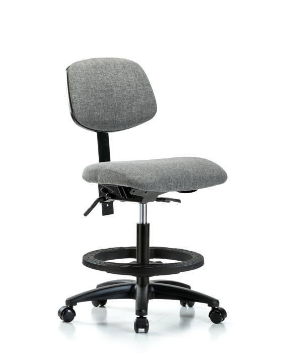 Blue Ridge Ergonomics FMBCH-RG-T1-A0-BF-RC-F44 Rutledge Fabric Chair - Medium Bench Height with Seat Tilt, Black Foot Ring, & Casters in Gray Fabric