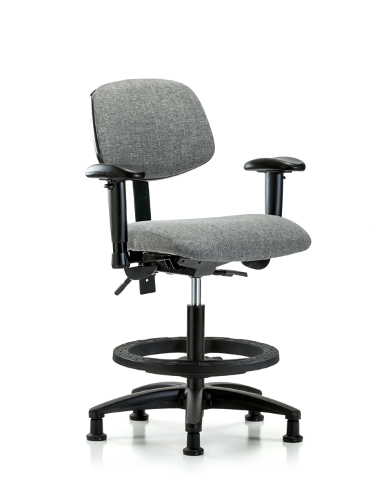Blue Ridge Ergonomics FMBCH-RG-T1-A1-BF-RG-F44 Rutledge Fabric Chair - Medium Bench Height with Seat Tilt, Adjustable Arms, Black Foot Ring, & Stationary Glides in Gray Fabric
