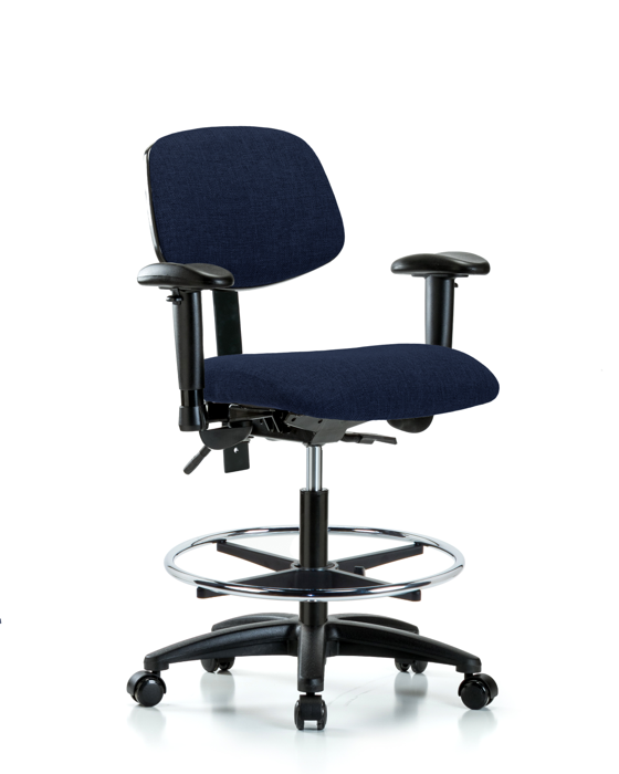 Blue Ridge Ergonomics FMBCH-RG-T1-A1-CF-RC-F45 Rutledge Fabric Chair - Medium Bench Height with Seat Tilt, Adjustable Arms, Chrome Foot Ring, & Casters in Navy Fabric