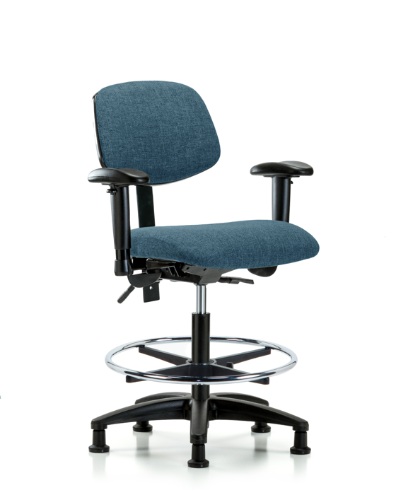 Blue Ridge Ergonomics FMBCH-RG-T1-A1-CF-RG-F43 Rutledge Fabric Chair - Medium Bench Height with Seat Tilt, Adjustable Arms, Chrome Foot Ring, & Stationary Glides in Blue Fabric