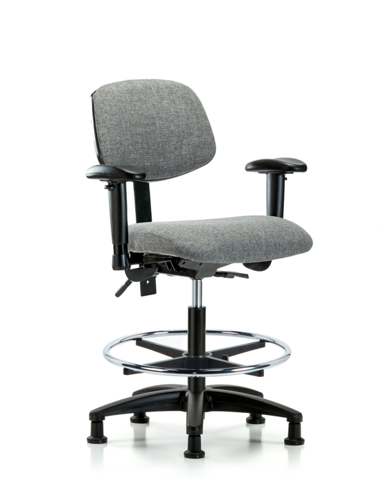 Blue Ridge Ergonomics FMBCH-RG-T1-A1-CF-RG-F44 Rutledge Fabric Chair - Medium Bench Height with Seat Tilt, Adjustable Arms, Chrome Foot Ring, & Stationary Glides in Gray Fabric
