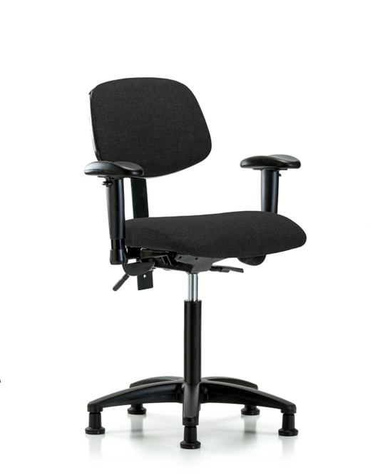 Blue Ridge Ergonomics FMBCH-RG-T1-A1-NF-RG-F42 Rutledge Fabric Chair - Medium Bench Height with Seat Tilt, Adjustable Arms, & Stationary Glides in Black Fabric
