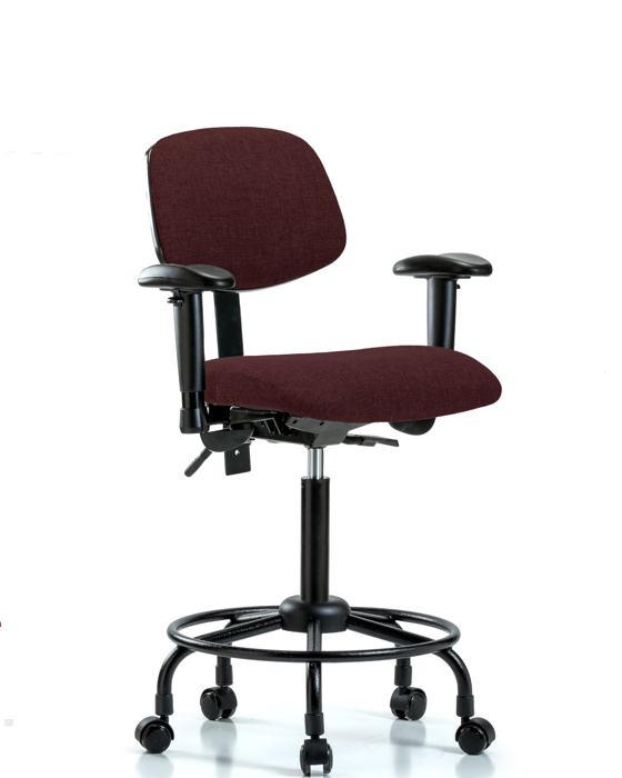 Blue Ridge Ergonomics FMBCH-RT-T0-A1-RC-F41 Rutledge Fabric Chair - Medium Bench Height with Round Tube Base, Adjustable Arms, & Casters in Burgundy Fabric