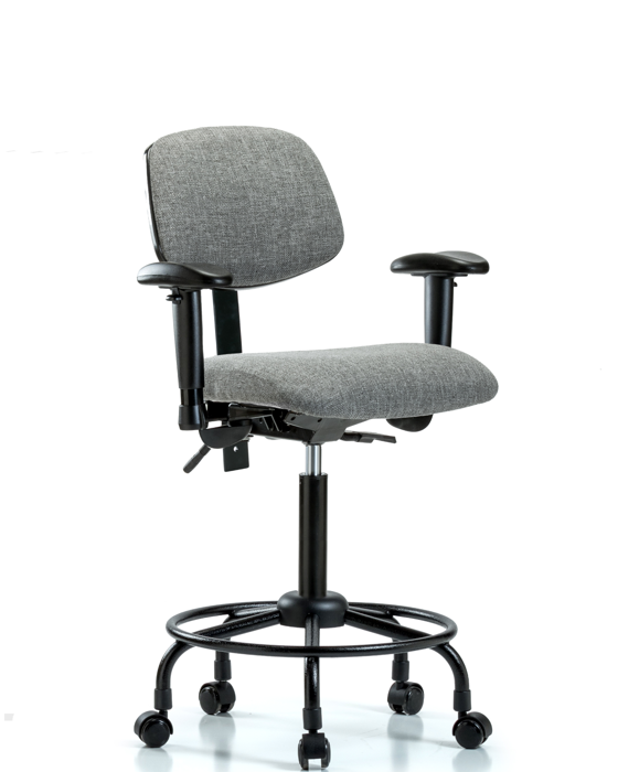 Blue Ridge Ergonomics FMBCH-RT-T0-A1-RC-F44 Rutledge Fabric Chair - Medium Bench Height with Round Tube Base, Adjustable Arms, & Casters in Gray Fabric