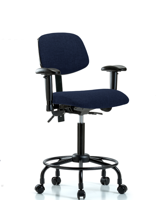 Blue Ridge Ergonomics FMBCH-RT-T1-A1-RC-F45 Rutledge Fabric Chair - Medium Bench Height with Round Tube Base, Seat Tilt, Adjustable Arms, & Casters in Navy Fabric