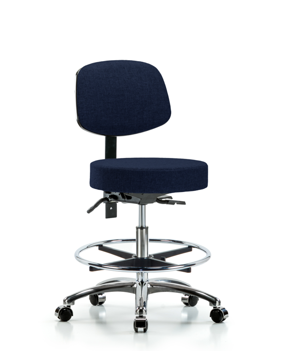 Blue Ridge Ergonomics FMBST-CR-T0-CF-CC-F45 Rutledge Fabric Stool with Back Chrome - Medium Bench Height with Chrome Foot Ring & Casters in Navy Fabric