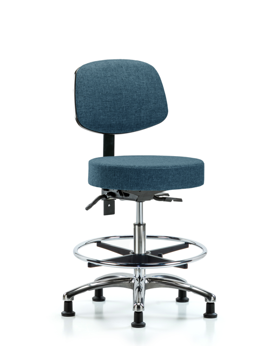 Blue Ridge Ergonomics FMBST-CR-T0-CF-RG-F43 Rutledge Fabric Stool with Back Chrome - Medium Bench Height with Chrome Foot Ring & Stationary Glides in Blue Fabric