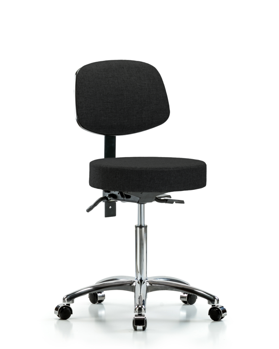 Blue Ridge Ergonomics FMBST-CR-T0-NF-CC-F42 Rutledge Fabric Stool with Back Chrome - Medium Bench Height with Casters in Black Fabric