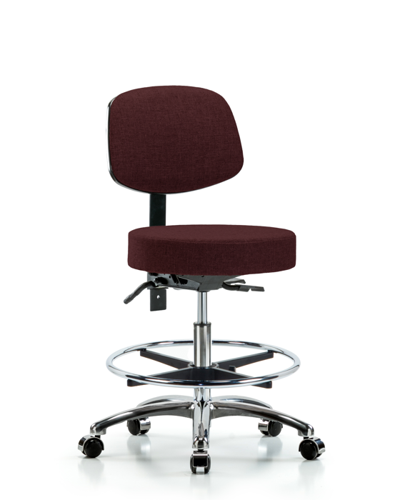 Blue Ridge Ergonomics FMBST-CR-T1-CF-CC-F41 Rutledge Fabric Stool with Back Chrome - Medium Bench Height with Seat Tilt, Chrome Foot Ring, & Casters in Burgundy Fabric